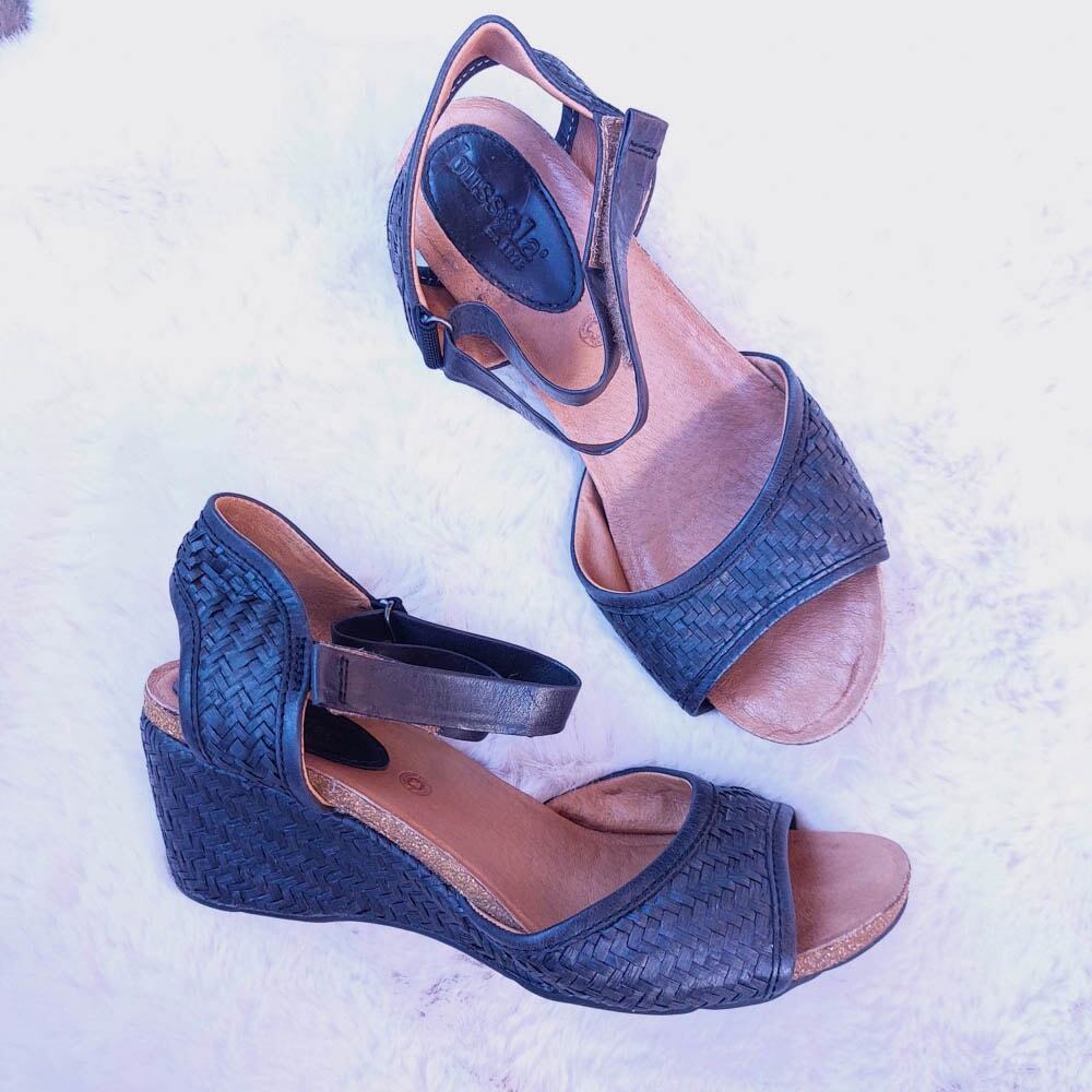 bussola Dark Blue Woven Leather Wedge Sandals
